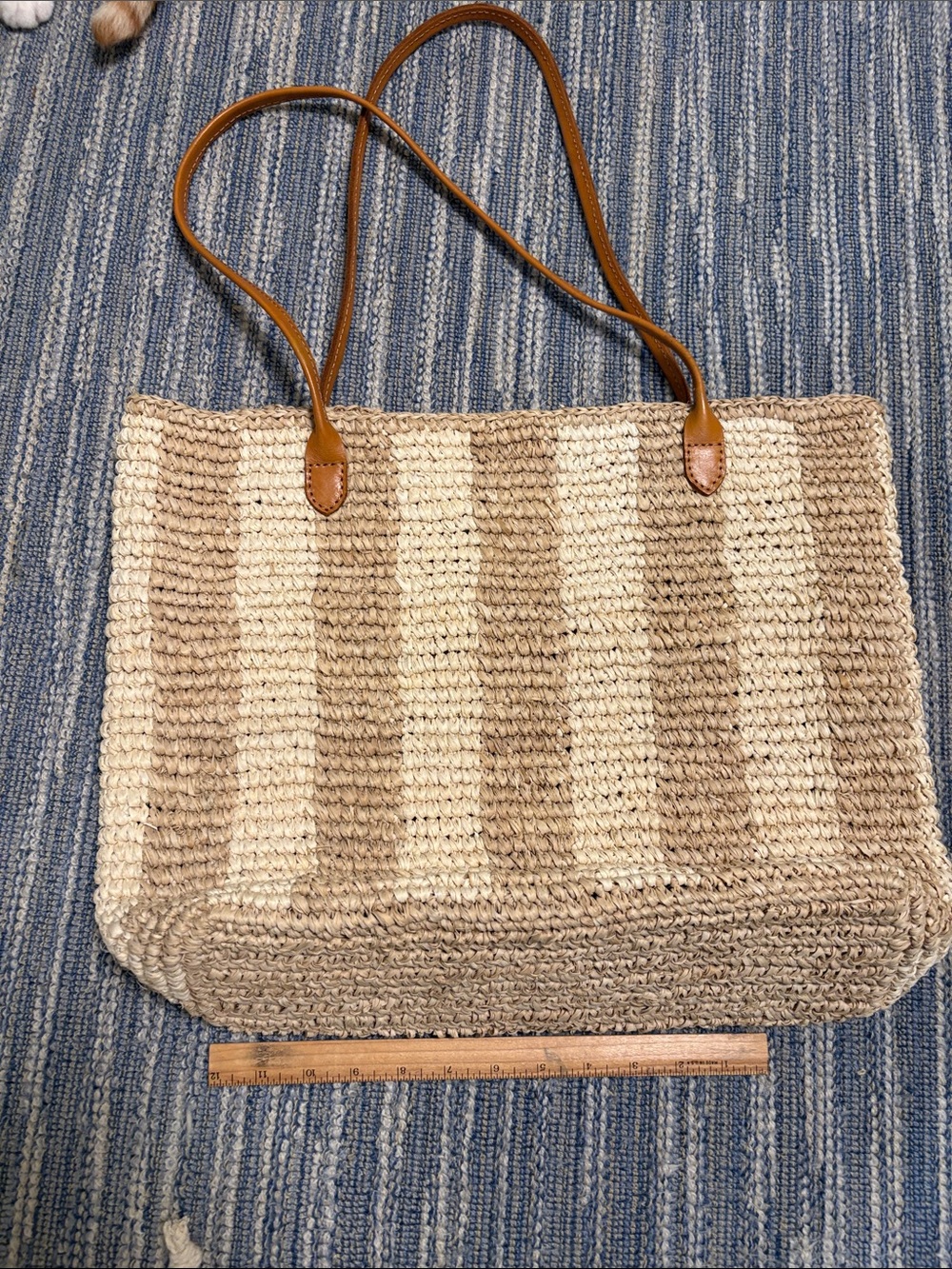 Bembien Woven Straw Tote Bag with Tan Handles - Natural Stripe - Picture 2 of 5